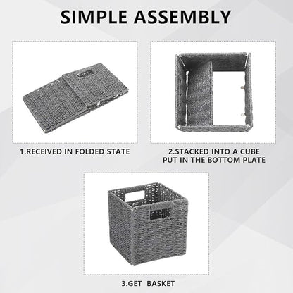 6 Pack 8.7 Inch Wicker Baskets, Hand Woven Paper Rope Storage Baskets, Foldable Cube Storage Bins Organizer Square Wicker Cubes for Shelves Pantry Organizing & Decor (Gray)