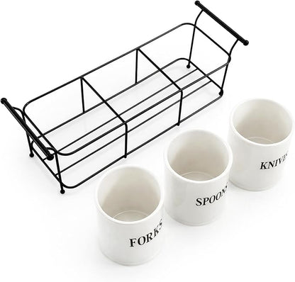 Bekith 3-Piece White Ceramic Silverware Caddy with Black Metal Rack, Utensil Holder Flatware Caddy Cutlery Storage Organizer for Kitchen Table, Cabinet or Pantry
