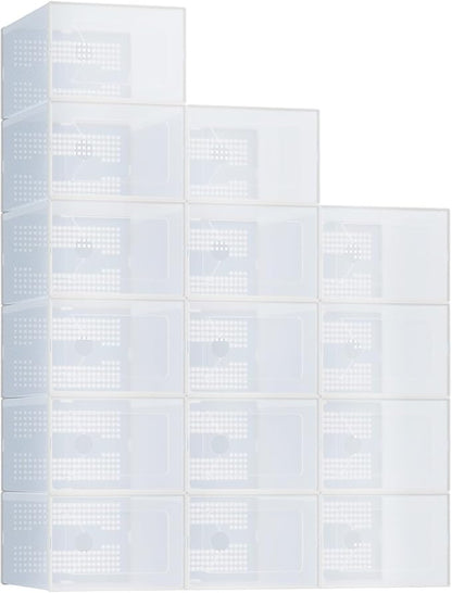 NEWBULIG 30 Clear Shoe Storage Boxes, Shoe Organizer for Closet with Lid, Plastic Stackable Breathable Shoe Cabinet with Lid for Sneakers, Heels & Boots, White