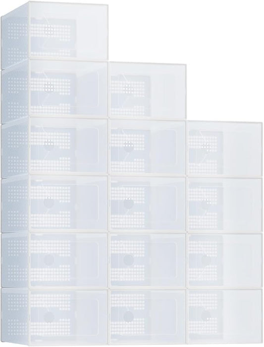 NEWBULIG 30 Clear Shoe Storage Boxes, Shoe Organizer for Closet with Lid, Plastic Stackable Breathable Shoe Cabinet with Lid for Sneakers, Heels & Boots, White