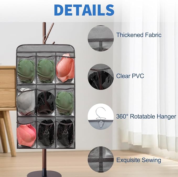 2 Pcs Closet Organizer Dual Sided Hanging Shoe Storage Bag Underwear Socks Holder with 18 Pockets (CLEAR POCKETS)