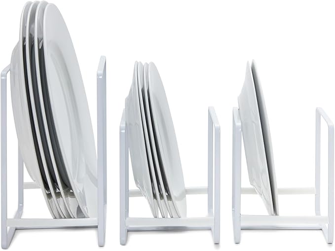 Juvale 3-Piece Plate Organizer - Space-Saving Cabinet Storage & Dish Storage Rack - Plate Stand & Pot Lid Holder - Pack of 3, White, 1 Large & 2 Small
