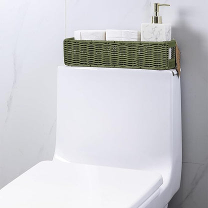 Storage Wicker Basket Decor: Green Decorative Storage Bin for Countertop and Shelves - Waterproof Toilet Paper Basket over Toilet Tank