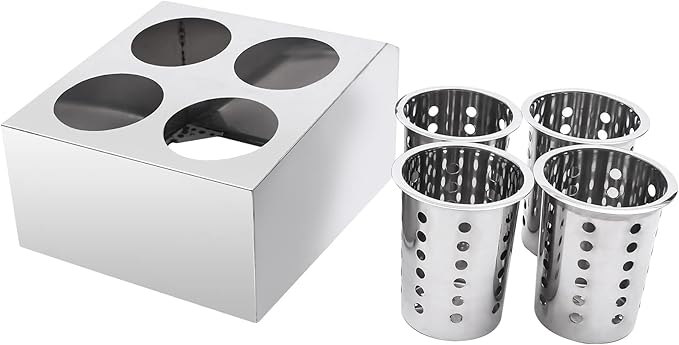 Commercial 4-Hole Flatware Cylinder Holder with Cups, 4-Compartment Stainless Steel Cylinder Flatware Silverware Caddy Utensil Holder Organizer Canddy Countertop for Restaurant Kitchen