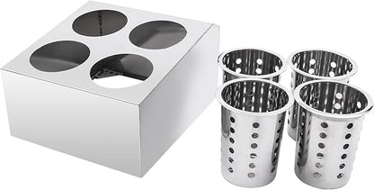 Commercial 4-Hole Flatware Cylinder Holder with Cups, 4-Compartment Stainless Steel Cylinder Flatware Silverware Caddy Utensil Holder Organizer Canddy Countertop for Restaurant Kitchen