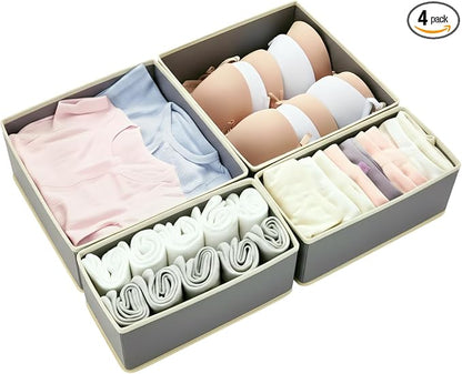 Drawer Organizer Set 4 Pack - Foldable 11" Fabric Storage Bins with Zipper Bottom for Underwear Socks Bras Baby Clothes - Closet Dresser Dividers for Bedroom Nursery, Light Grey