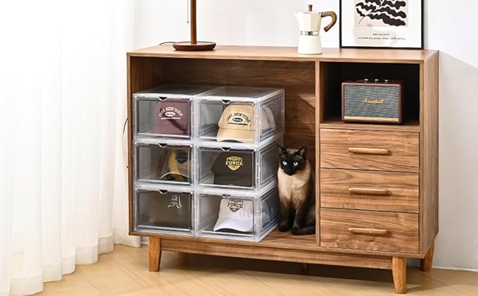Hat Organizer Box,Stackable Clear Baseball Caps Holder Box Containers with Magnetic Door for Hats Snapback Cap Storage,Clear Hat Storage with Magnetic Door, Holds 60 Hats(clear, 6 pack)
