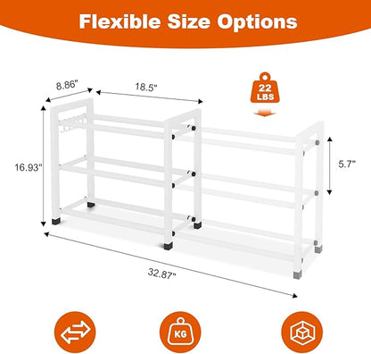 Expandable Shoe Rack for Closet Adjustable Metal Shoe Rack for Entryway 18.5"-33" Free Standing Shoe Organizer 12 Pairs with Hooks 3-Tier Small Shoe Shelf for Bedroom Garage Dorm Floor, White