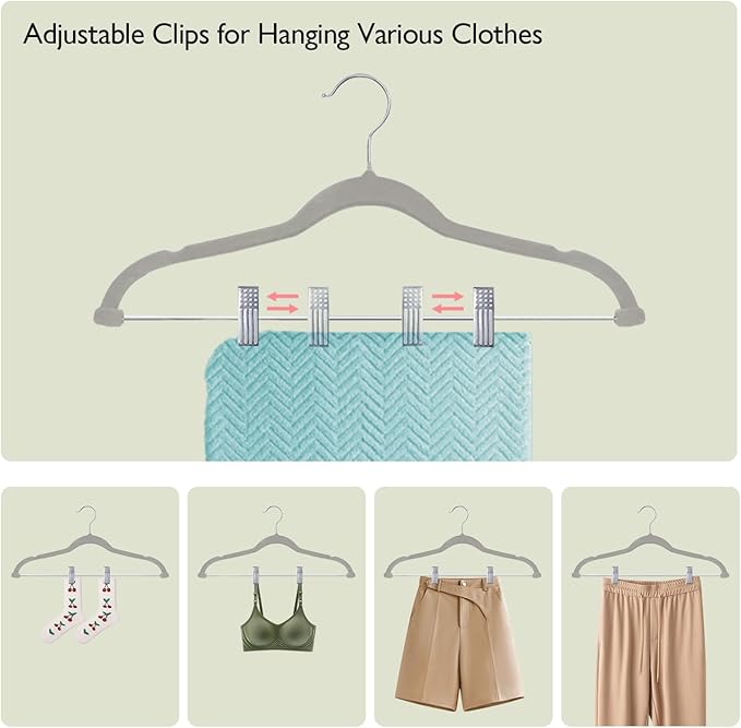 ManGotree Pants Hangers with Movable Clips, Non-Slip Velvet Skirt Hangers, Space-Saving Clothes Hangers for Pants, Skirts, Shirts, Coats, Dresses (32 Pack, Grey)