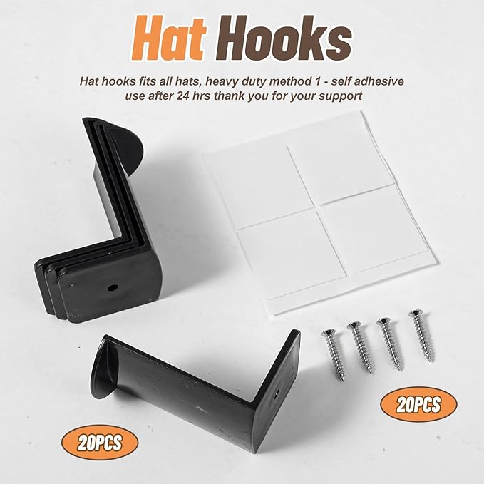 20 Pack Hat Hooks for Wall, 2.8‘’ Strong Adhesive Cowboy Hat Rack with Anti-Slip Teeth, Suitable Sun Hats, Fedora, Wide Brim Hats Organizer for Baseball Caps, Western Room Decor, Black