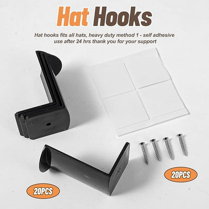 20 Pack Hat Hooks for Wall, 2.8‘’ Strong Adhesive Cowboy Hat Rack with Anti-Slip Teeth, Suitable Sun Hats, Fedora, Wide Brim Hats Organizer for Baseball Caps, Western Room Decor, Black