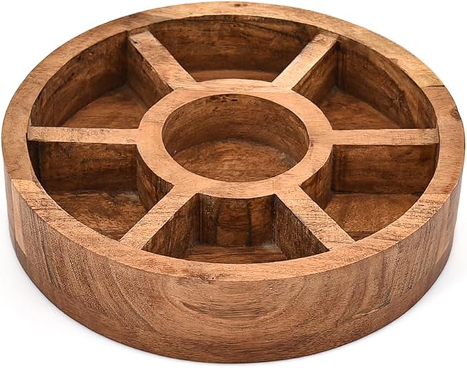Spice Celler Black Acacia Wood Round Spice Box – Tree of Life Engraved Lid | 7 Compartment Masala Dabba for Kitchen Storage (8” X 8” X 2.25”)