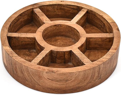 Spice Celler Black Acacia Wood Round Spice Box – Tree of Life Engraved Lid | 7 Compartment Masala Dabba for Kitchen Storage (8” X 8” X 2.25”)