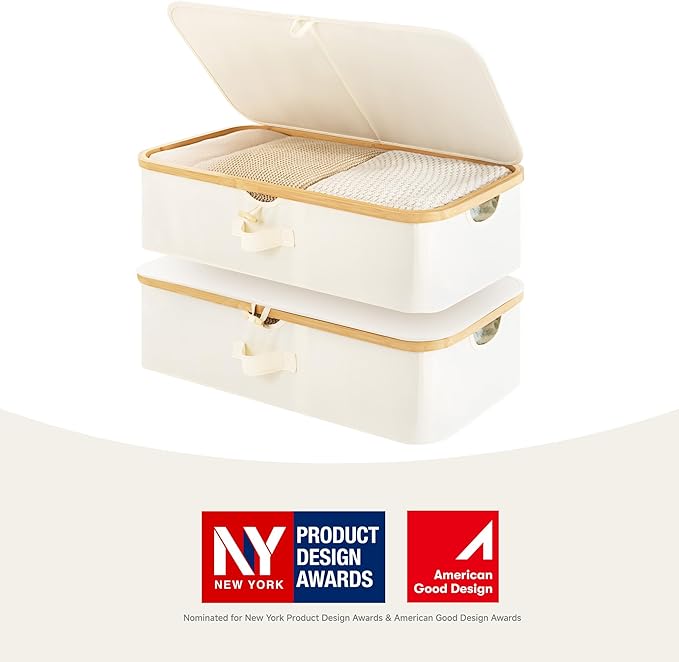 StorageWorks Underbed Storage Containers with Lids, 2-Pack 7" Low Profile Under Bed Storage Box with Bamboo Frame for Clothes, Bedding, Blankets and Shoes, 42L Sturdy Fabric Organizer, Beige