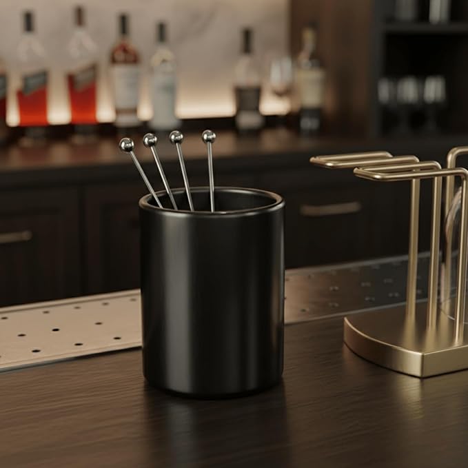 Stainless Steel Cocktail Pick Holder – Mini Black Minimalist Metal Utensil Holder for Fruit Forks & Toothpicks, Coffee Spoon Holder for Home Bar & Espresso Station