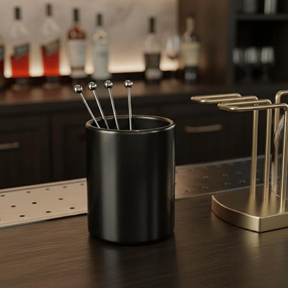 Stainless Steel Cocktail Pick Holder – Mini Black Minimalist Metal Utensil Holder for Fruit Forks & Toothpicks, Coffee Spoon Holder for Home Bar & Espresso Station