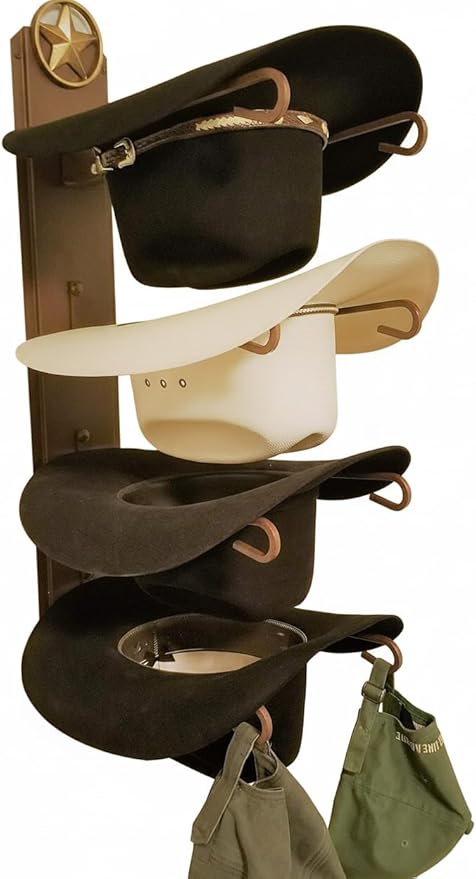 American Made 4 Cowboy Hat Rack with Lone Star, Wall Mount Four Tier Hat Holder, Heavy Duty Powder Coated Steel, Rust Chisholm Trail Brown, Model 664 Classic CT