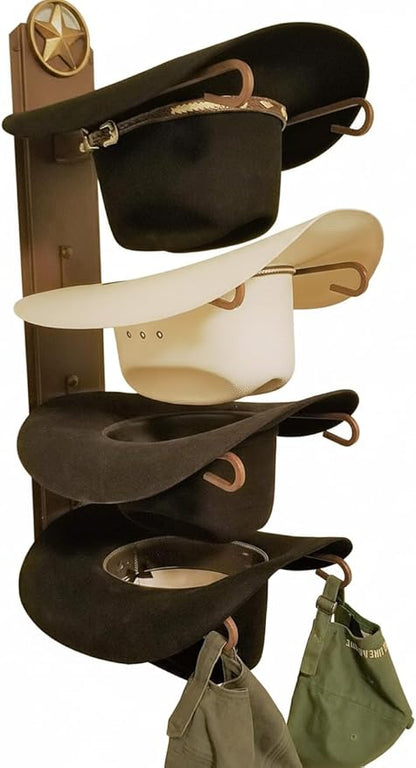 American Made 4 Cowboy Hat Rack with Lone Star, Wall Mount Four Tier Hat Holder, Heavy Duty Powder Coated Steel, Rust Chisholm Trail Brown, Model 664 Classic CT