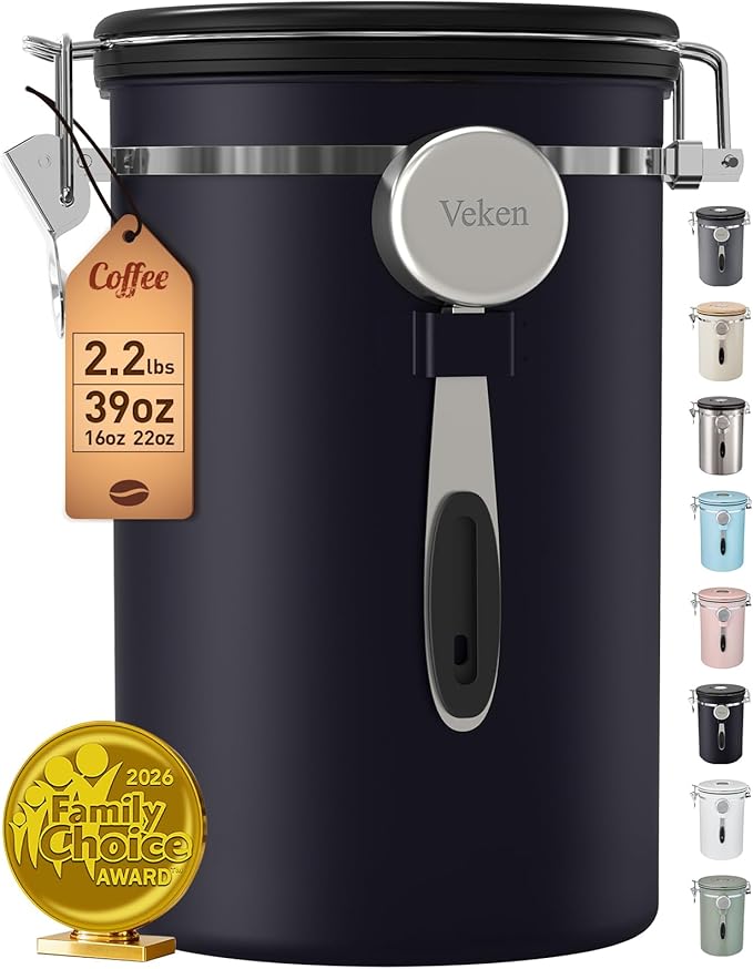 Veken Coffee Canister, 39OZ Large Christmas Coffee Lovers Gift Basket Set,Airtight Stainless Steel Food Storage Kitchen Container Gifts for 2.2lbs Beans, Ground, Sugar, Tea, Flour, Cereal,Scoop,Black