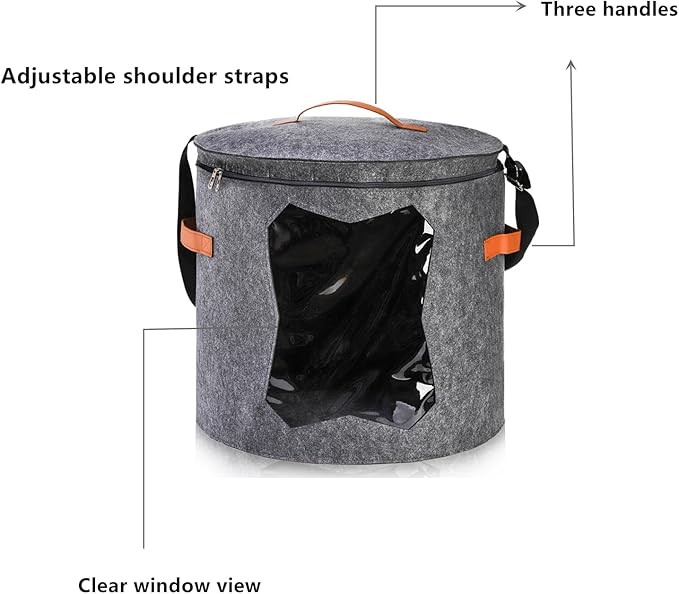 Yopay 2 Pack Hat Storage Boxes for Women, Oversized Round Travel Hat Container with Dust Proof Lid Window, Foldable Stuffed Toys Clothes Brim Hats Storage Organizer Bag Bin, Adjustable Shoulder Strap