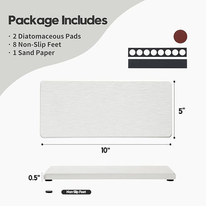 2PCS 10"x 5" Large Bathroom Sink Vanity Trays, Water Absorbing Diatomite Stone Quick Drying Mat for Kitchen Counter, Dish Rack Dispensers Sponge Holder Caddy Organizer, White, 10"x 5"