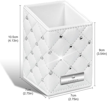 LORYP Makeup Brush Holder Crystal Brushes Cup White PU Make up Brush Case Bag Storage for Women (White)