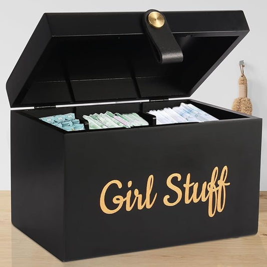 100% Solid Wood Tampon Holder Box with Lid, Copper Leather Pull, Absolute Real Wood Bathroom Decorative Box for Feminine Product Storage and Accessories such as Tampons, Cotton Balls, Gifts for Women