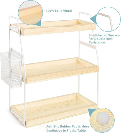 Uneviesyka Bathroom Counter Organizer, 3-Tier Standing Storage Shelf with Basket, Wood Tray for Skincare Vanity Organizer(White)