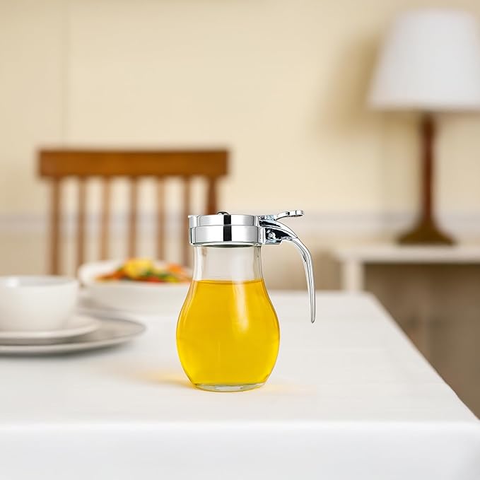 Glass and Stainless Steel Syrup Dispenser, Leakproof Lid, Countertop Sauce Bottle, 10 Cm / 4 in High, 8 X 8 Cm Base