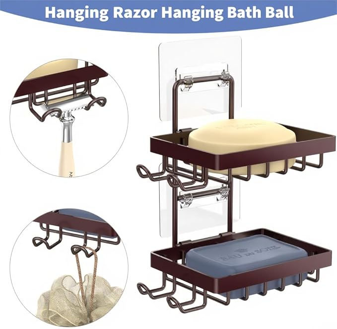 Moforoco Brown Double Soap Bar Holder for Shower, No Drilling, 304 Stainless Steel, Wall Mounted Soap Holder with 4 Hooks and Razor Holder, Shower Rack Soap Tray Bar Soap for Bathroom Accessories