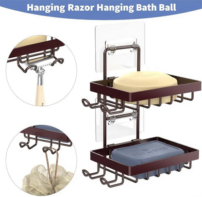 Moforoco Brown Double Soap Bar Holder for Shower, No Drilling, 304 Stainless Steel, Wall Mounted Soap Holder with 4 Hooks and Razor Holder, Shower Rack Soap Tray Bar Soap for Bathroom Accessories