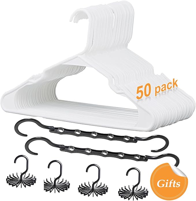 VECELO 50 Pack Plastic Hangers-Clothes Hangers Set with Shoulder Non Slip Notches for Closet Space Saving-Heavy Duty Coat Hanger,White