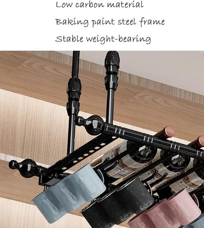 2-in-1 Industrial Wine Rack, 47.3" Adjustable Metal Pipe Wine Bottle Storage Rack with Glass Holders & Shelf, Space-Saving Vertical Installation for Kitchen Bar, Black