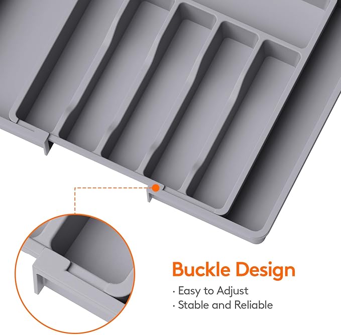 Lifewit Silverware Drawer Organizer, Expandable Utensil Tray for Kitchen, BPA Free Flatware and Cutlery Holder, Adjustable Plastic Storage for Spoons Forks Knives, 13-22 x 15", Grey