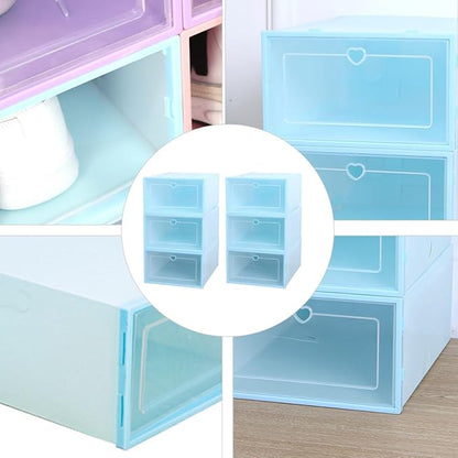 6 Pcs Women’s Plastic Shoe Storage Boxes with Flip Lid, Drawer-style Organizer 31×21.5×12.5 Cm, Heart Pattern Blue for Closet and Home Shoes Storage