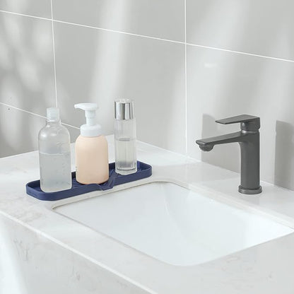 MicoYang Silicone Bathroom Soap Dishes with Drain Spout-Kitchen Sink Organizer,Sponge Holder,Dish Soap Tray,Perfect for Dispenser,Scrubber,Bottle,Cup on Sink or Counter-Navy Blue 12"×4"