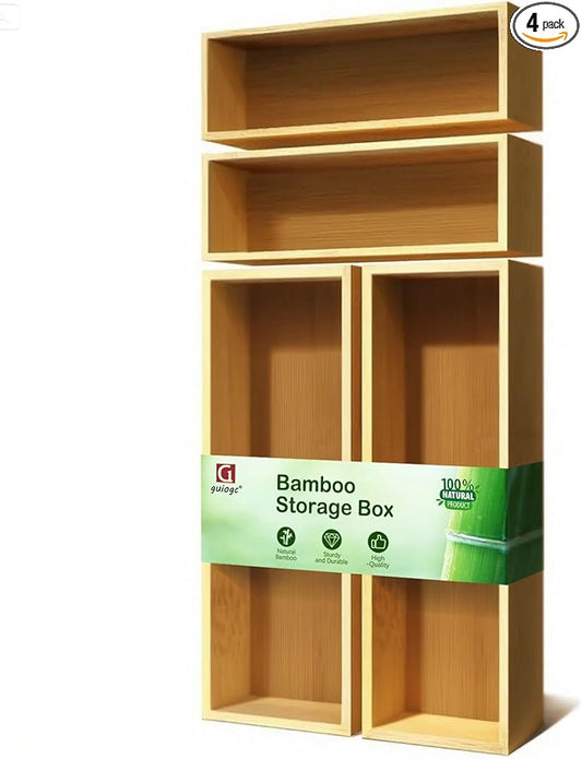guiogc Bamboo Drawer Silverware Organizer, Flatware Organizer, Bamboo Storage Box for Office, Bathroom and other objects storage (large14.2 x5 x2 Small 9.85"x3.55"x1.78"- Set of 4)