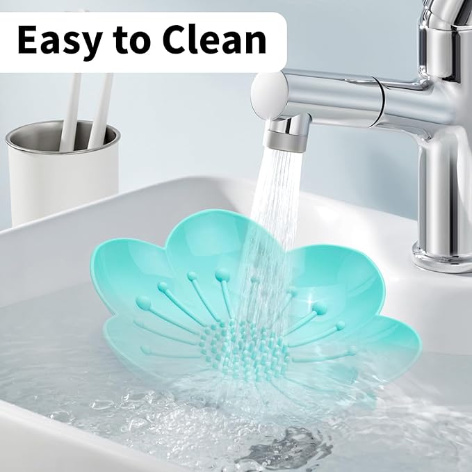 Soap Dishes 2 Pack Self Draining XL Flexible Bar Holder for Shower, Silicone Flower Soap Saver Tray for Counter Bathtub Sink Bathroom Decor with Drainage -Mirror Surface Easy Clean (Pink/Cyan Blue)