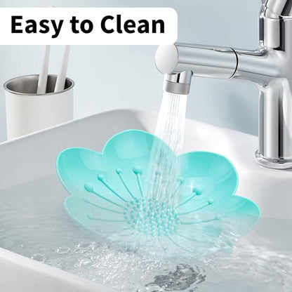 Soap Dishes 2 Pack Self Draining XL Flexible Bar Holder for Shower, Silicone Flower Soap Saver Tray for Counter Bathtub Sink Bathroom Decor with Drainage -Mirror Surface Easy Clean (Pink/Cyan Blue)