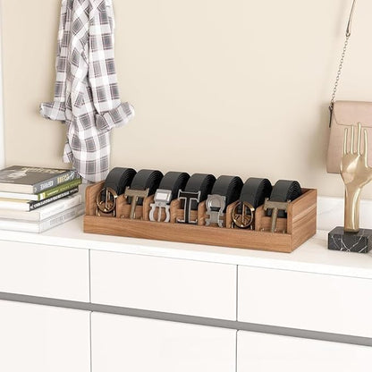 Wood Belt Organizer, 7 Grids Belt Rack, Belt Storage Holder for The Closet and Drawer, Belt Storage Organizer and Displayer, Belt holder Storage Organizer for Men Women, Brown