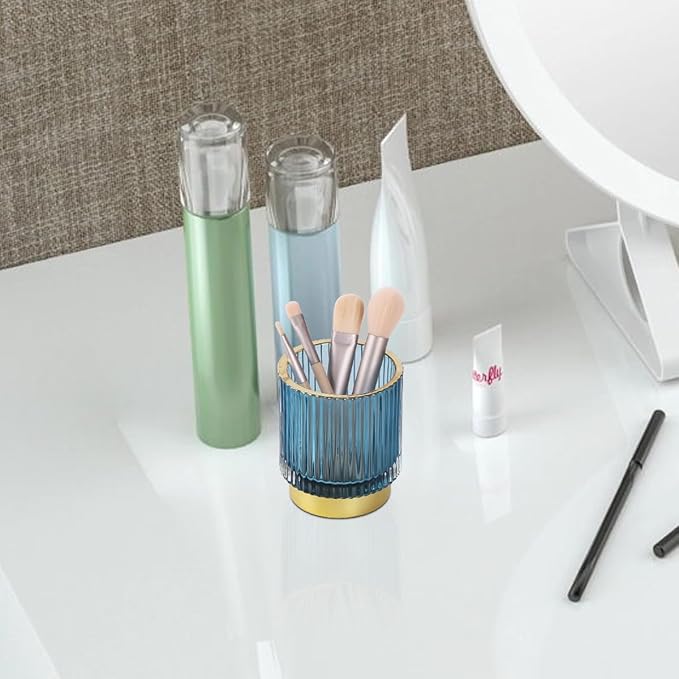 Blue Makeup Brush Holder, Glass Toothbrush Holders for Bathrooms, Gold Pen Holder for Desk, Vintage Make Up Brush Holder Vanity Organizer for Brushes, Lipstick, Eyebrow Pencil
