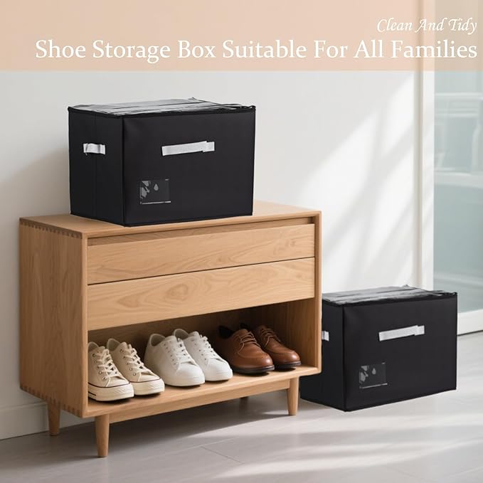 2 Pack Shoe Organizer for Closet，Foldable Shoe Storage Organizer with Clear Cover and Sturdy Handles,Fits 12-16 Pairs (gray)