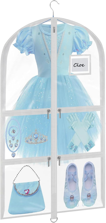 Garment Bags for Dance Costumes - 40 Inch Clear PVC with 5 Zipper Pockets (White) - Kids Dance Garment Bag for Dancers, Hanging Clothes Storage, Competitions & Travel