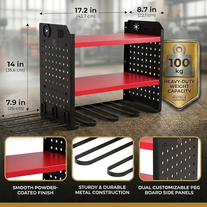 BUILTSTRONG Power Tool Organizer Wall Mount – 3-Tier Heavy-Duty Steel Rack, 6 Drill Slots, Dual Pegboard Sides, Side-by-Side Modular, 100 lb Capacity – Garage & Workshop (Red)