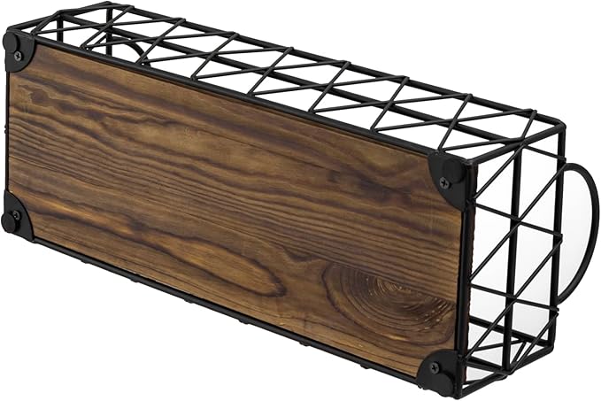 MyGift 16 Inch Deluxe Black Metal Toilet Tank Tray with Geometric Wire Design and Burnt Wood Base, Bathroom Vanity Toiletry Storage Organizer Tray with Handles