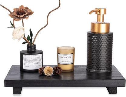 Bathroom Counter Organizer Wood Pedestal Stand Farmhouse Decorative Tray Soap Holder for Kitchen Decor, Large 11.8" x 7" - Black