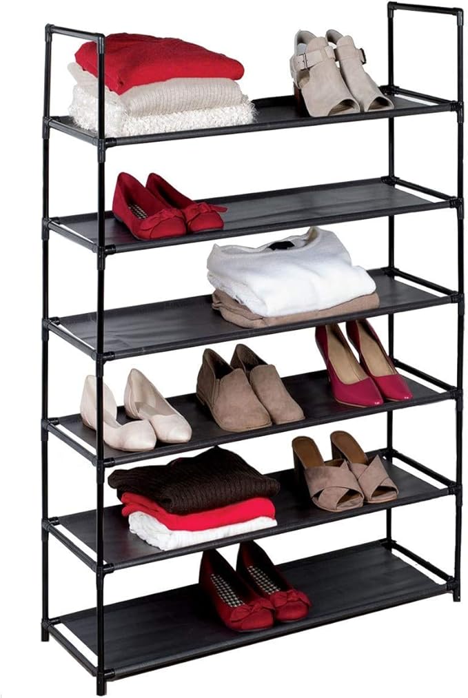 J&V TEXTILES Stackable Shoe Storage and Organizer Racks 4-Tier 6-Tier Over The Door or Stackable (Black 6-Tier)