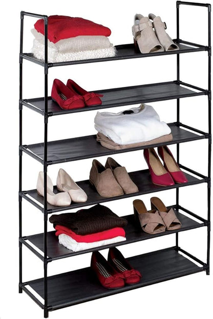 J&V TEXTILES Stackable Shoe Storage and Organizer Racks 4-Tier 6-Tier Over The Door or Stackable (Black 6-Tier)