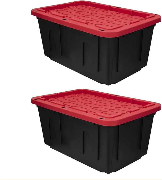 27 Gal Industrial Tote,2 Pack Large Storage Bin,Black with Red Lid Plastic Storage Container Stackable & Nestable Heavy Duty Storage Totes, Suitable for Garages, Basements or Outdoors (2 Pack)