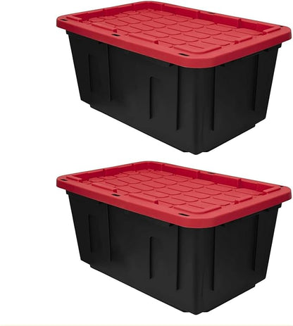 27 Gal Industrial Tote,2 Pack Large Storage Bin,Black with Red Lid Plastic Storage Container Stackable & Nestable Heavy Duty Storage Totes, Suitable for Garages, Basements or Outdoors (2 Pack)